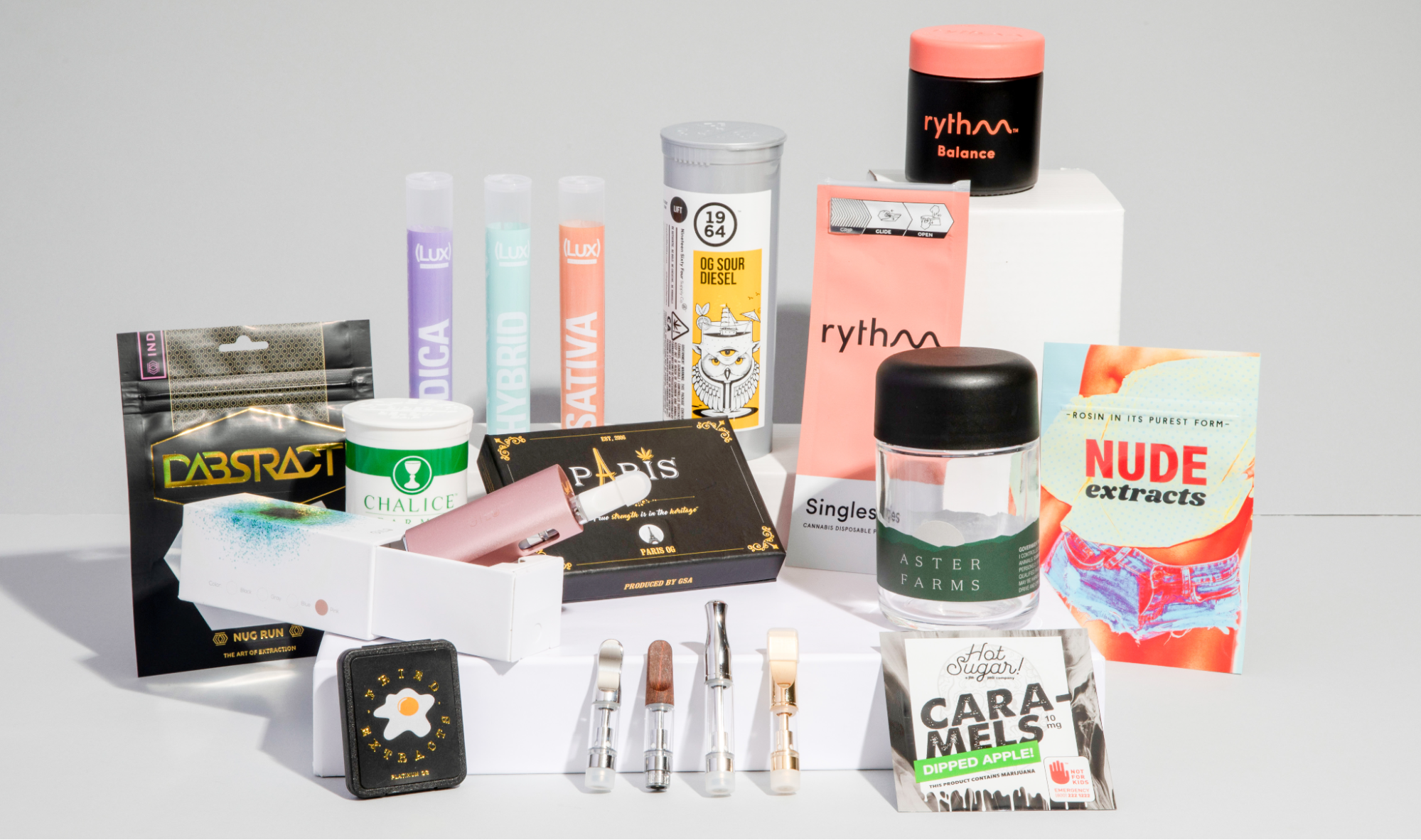 A variety of branded cannabis packages and products supplied through KushCo