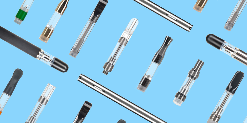 A graphic featuring a collection of different empty cannabis vape cartridges, disposable pens, and batteries